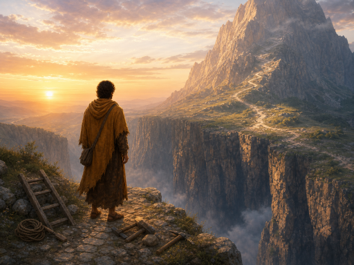 A traveler facing a wide chasm and distant mountain with broken tools nearby, showing the need for a Savior.