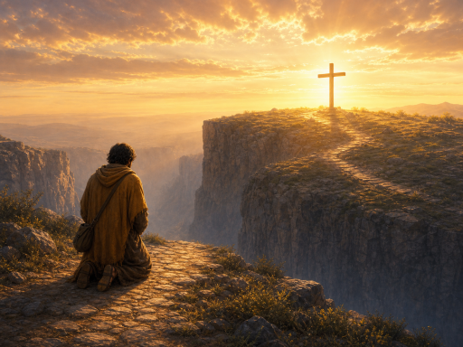 A traveler kneeling near a simple cross on a sunlit hill, showing the price Jesus paid.
