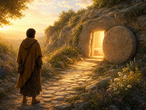 A traveler standing in awe before an empty tomb with the stone rolled away in morning light.