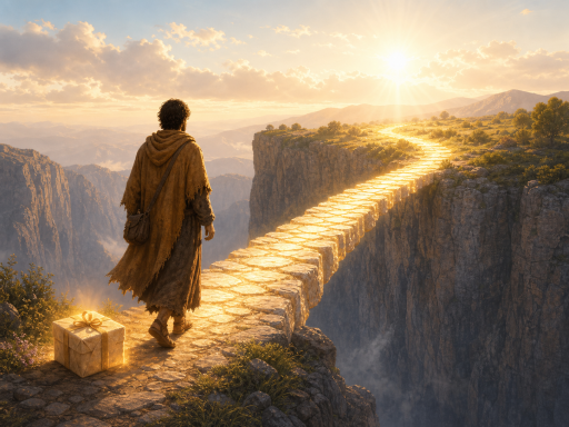 A traveler stepping onto a radiant path across a chasm, receiving grace as a gift through faith.
