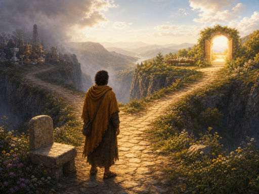 A traveler paused at a crossroads, choosing between a humble kingdom path and fading worldly things.