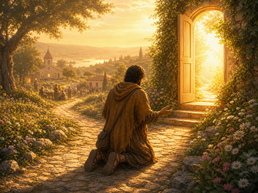 A traveler kneeling with open hands before a warm doorway of light, answering the invitation to pray.