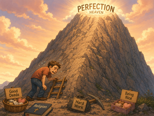 A person at the foot of an unscalable mountain labelled Perfection / Heaven, surrounded by tools of self-effort: good deeds, religion, hard work, being nice.