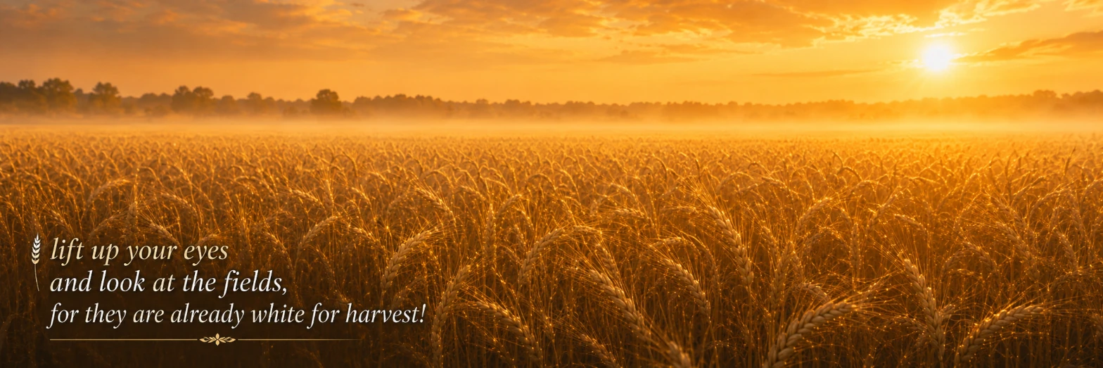 Wheat field at sunrise with the words 'lift up your eyes and look at the fields, for they are already white for harvest!' from John 4:35