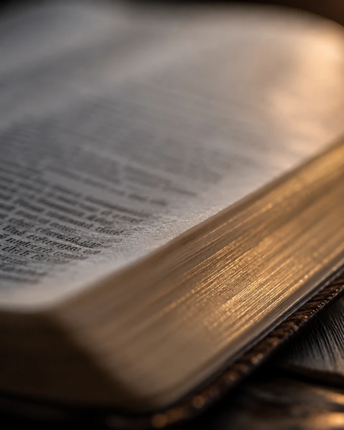 Close-up of an open Bible with gilt page edges catching warm side light