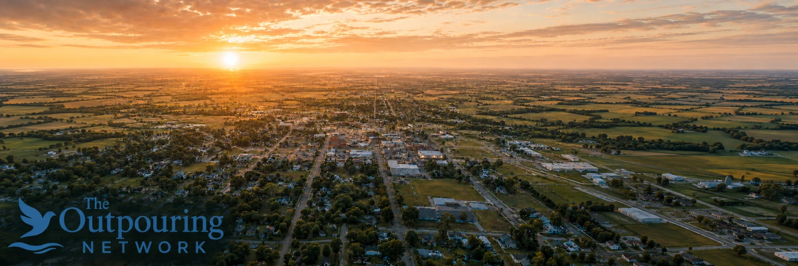 Aerial view of a small American town at golden sunrise with The Outpouring Network logo in the lower-left